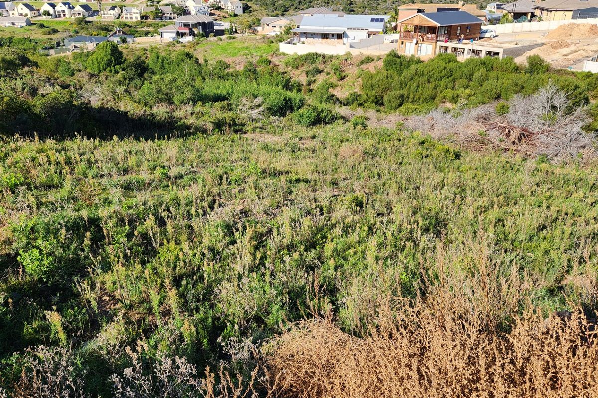 An elevated view of a vacant residential plot featuring sloped terrain and natural vegetation, situated within an established neighborhood.