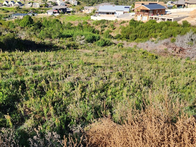 An elevated view of a vacant residential plot featuring sloped terrain and natural vegetation, situated within an established neighborhood.