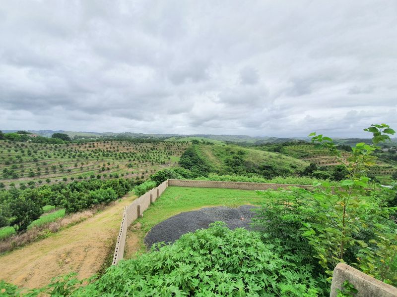 Elevated view overlooking a rural landscape with orchards, featuring a partially enclosed plot with a concrete block boundary wall and gravel area.