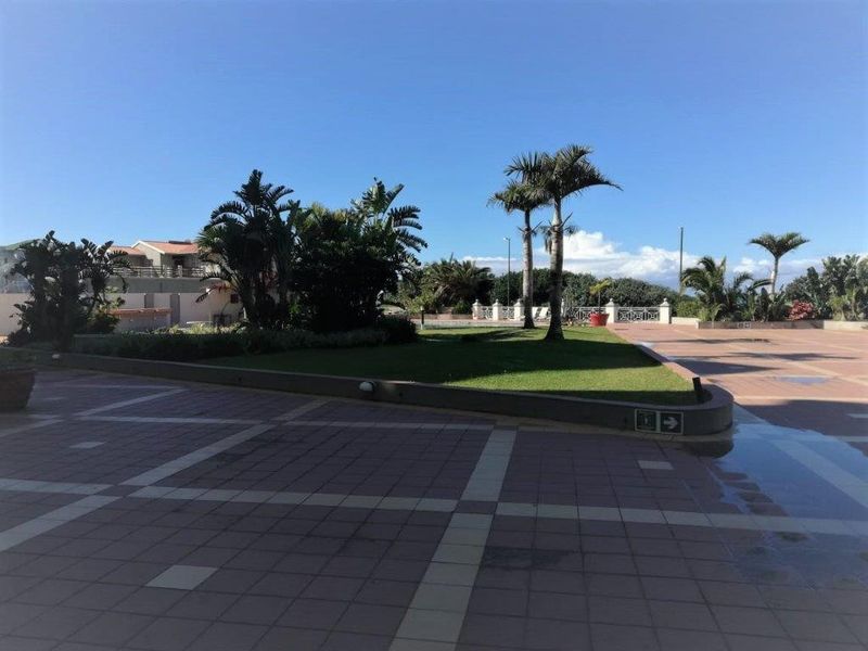 A well-maintained communal outdoor area featuring paved walkways, landscaped garden beds, and mature palm trees within the apartment complex grounds.