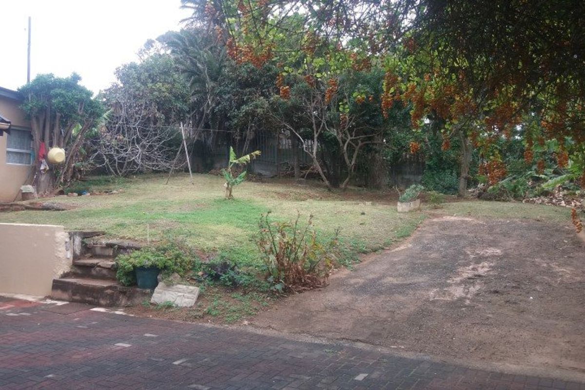 A rear garden area featuring a paved driveway, concrete steps, and a lawn with mature trees and overgrown landscaping.