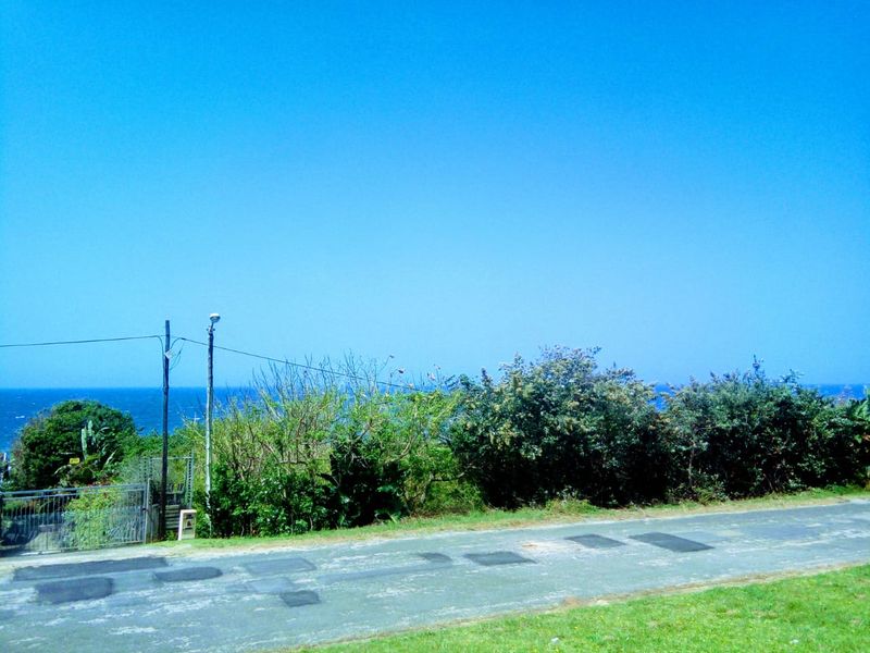 A view of the ocean from the roadside, featuring a utility pole, perimeter fencing, and a paved road surface.