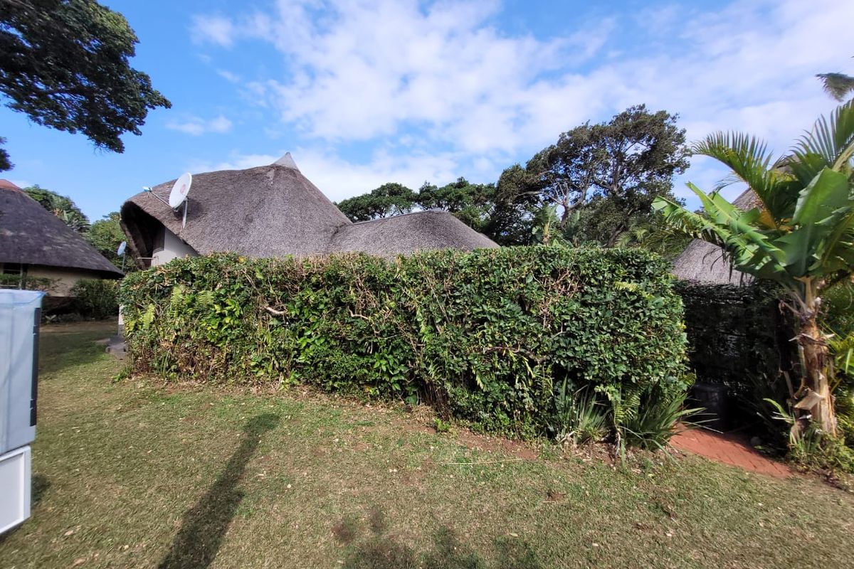 A view of the rear exterior of the townhouse featuring a traditional thatched roof and a well-maintained garden hedge.