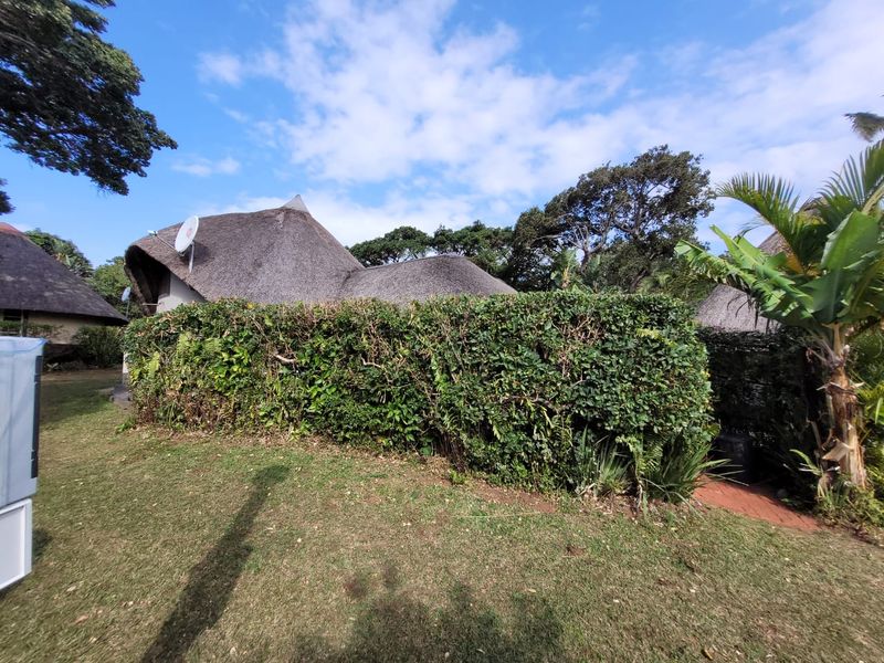 A view of the rear exterior of the townhouse featuring a traditional thatched roof and a well-maintained garden hedge.