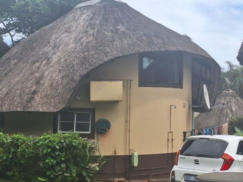 Rear view of a townhouse featuring a traditional thatch roof, exterior wall-mounted air conditioning unit, and satellite dish installation.