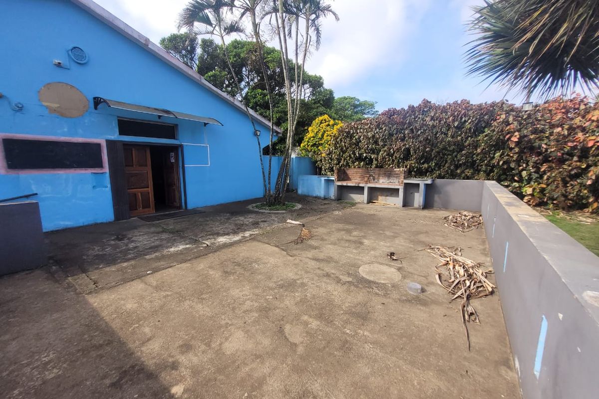 Rear exterior area featuring a concrete patio, built-in braai, and boundary walls, requiring maintenance and cosmetic updates to improve the outdoor space.