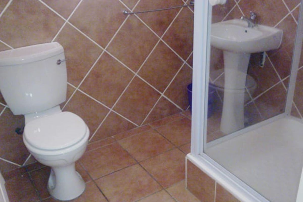 A functional bathroom featuring a pedestal washbasin, toilet, and a glass-enclosed shower with brown tiled walls and flooring.