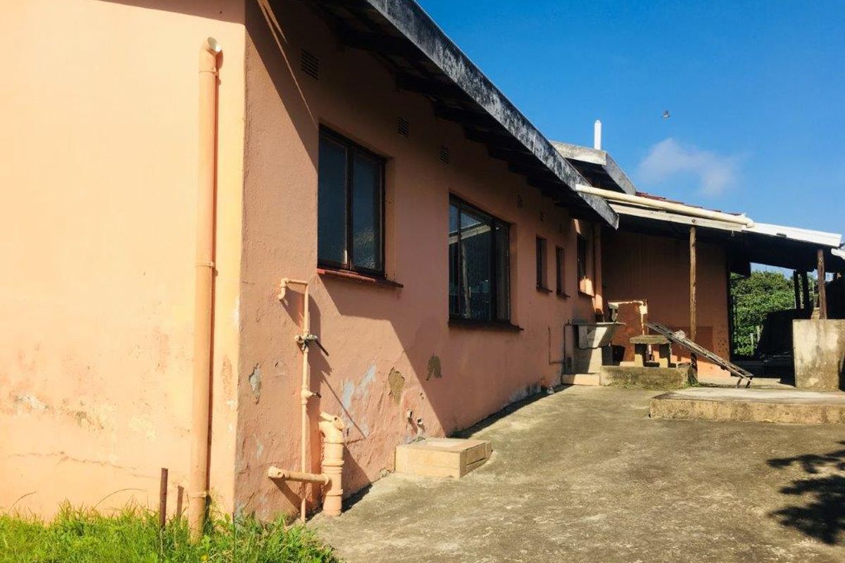 Rear exterior view of the house showing concrete patio area, external plumbing, and weathered wall finishes requiring maintenance.