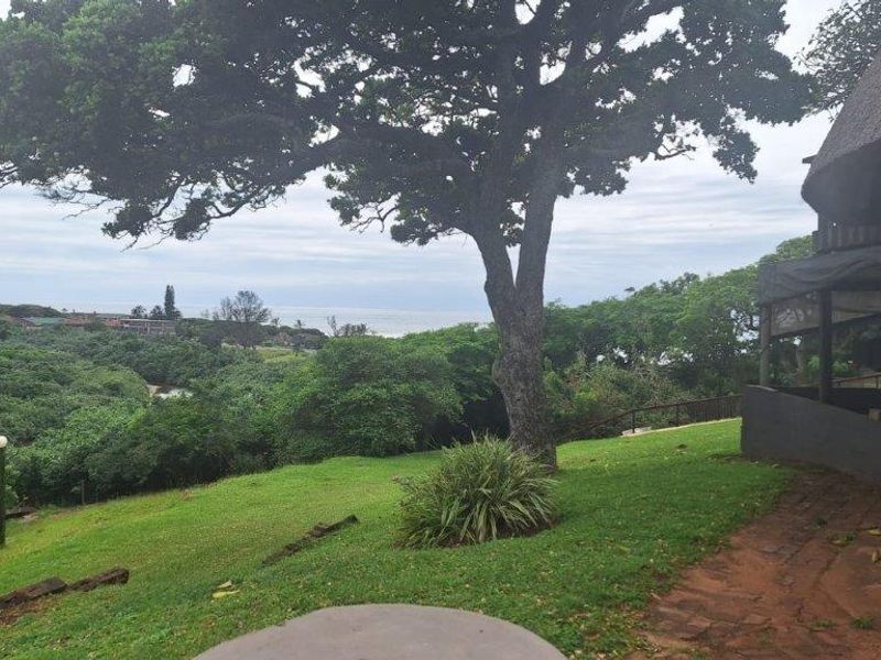 A scenic view of the surrounding landscape and distant coastline from the property's garden area, featuring mature trees and a thatched roof structure.