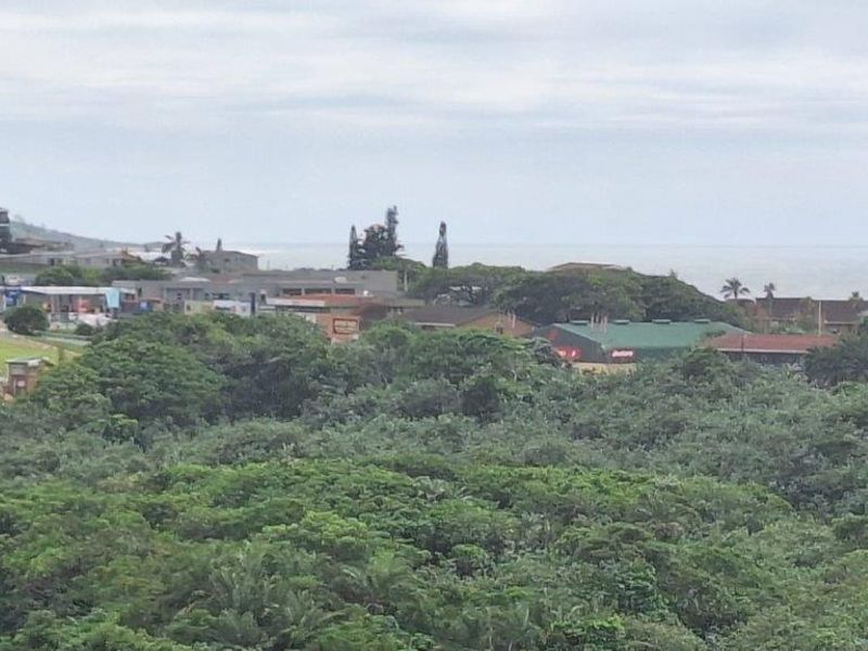 A distant elevated view overlooking a lush green landscape with residential buildings and coastal scenery in the background.