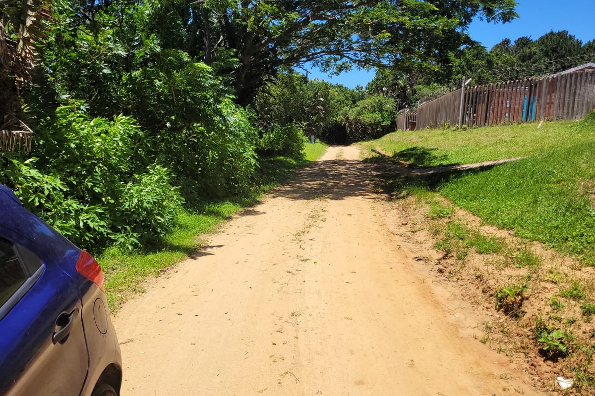 A view of an unpaved dirt access road bordered by mature trees and perimeter fencing on a residential property.