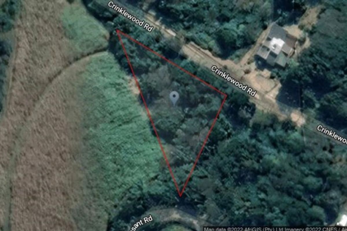 An aerial view of a triangular-shaped vacant residential plot located along Crinklewood Road, featuring natural vegetation cover.
