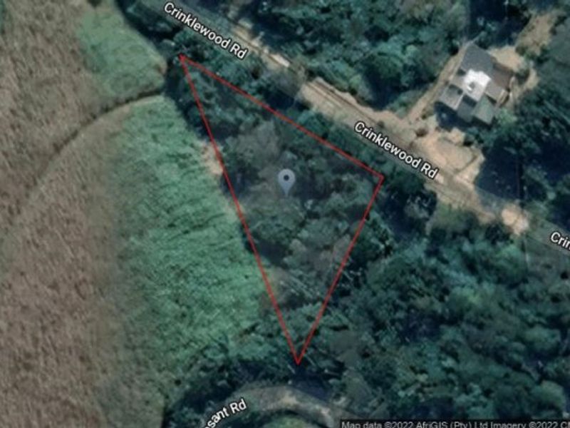 An aerial view of a triangular-shaped vacant residential plot located along Crinklewood Road, featuring natural vegetation cover.
