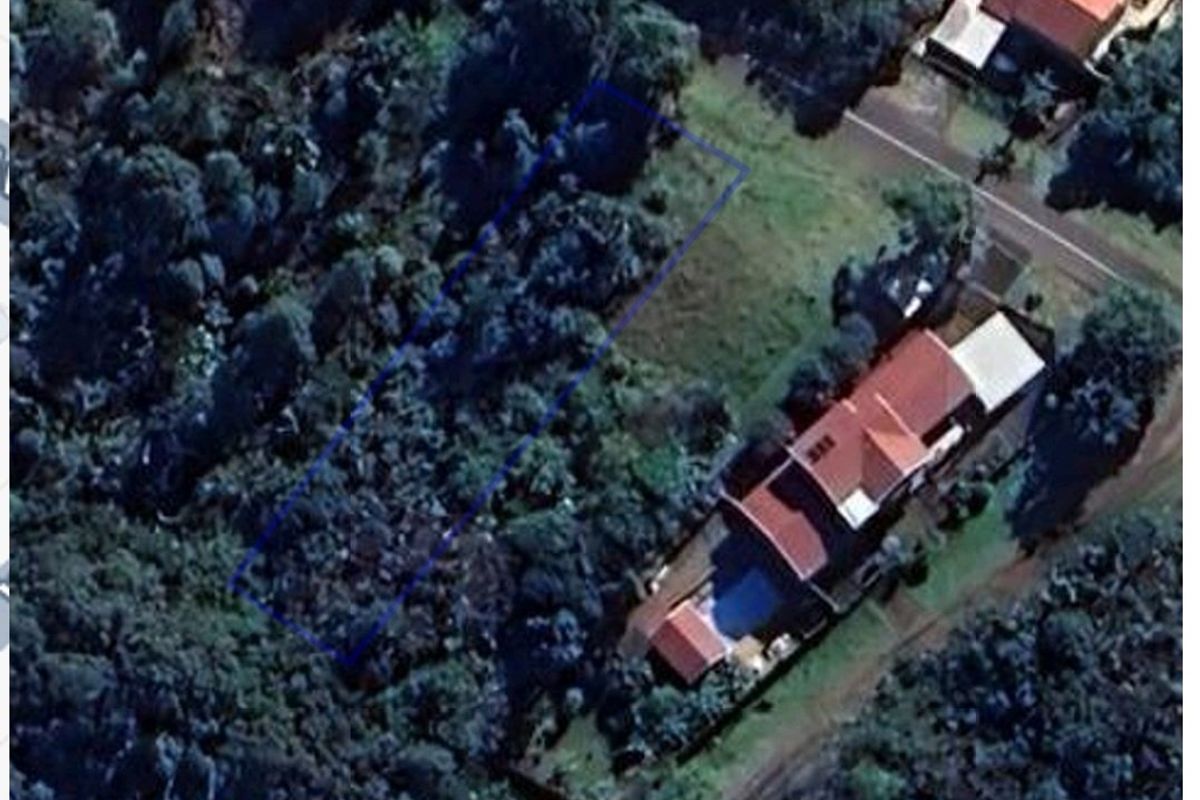 An aerial view of a vacant residential plot highlighted with a blue boundary outline, surrounded by established trees and nearby residential properties.