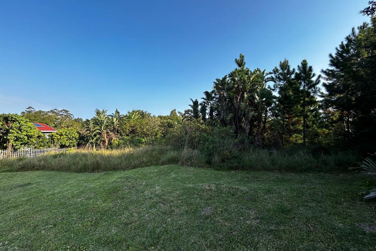 A view of a residential vacant land plot featuring a maintained lawn area, mature trees, and established perimeter fencing.