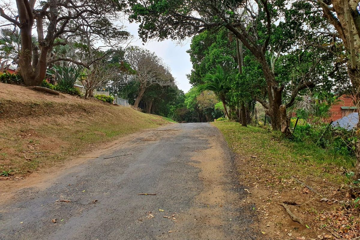 A view of a residential street featuring an asphalt road lined with mature trees and sloped grassy embankments.
