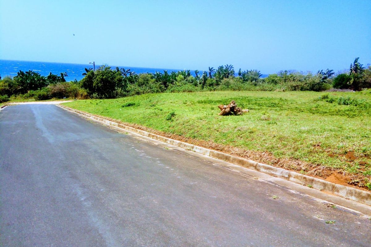 A vacant residential plot featuring a gentle slope, established grass, and scenic ocean views, situated along a paved access road.