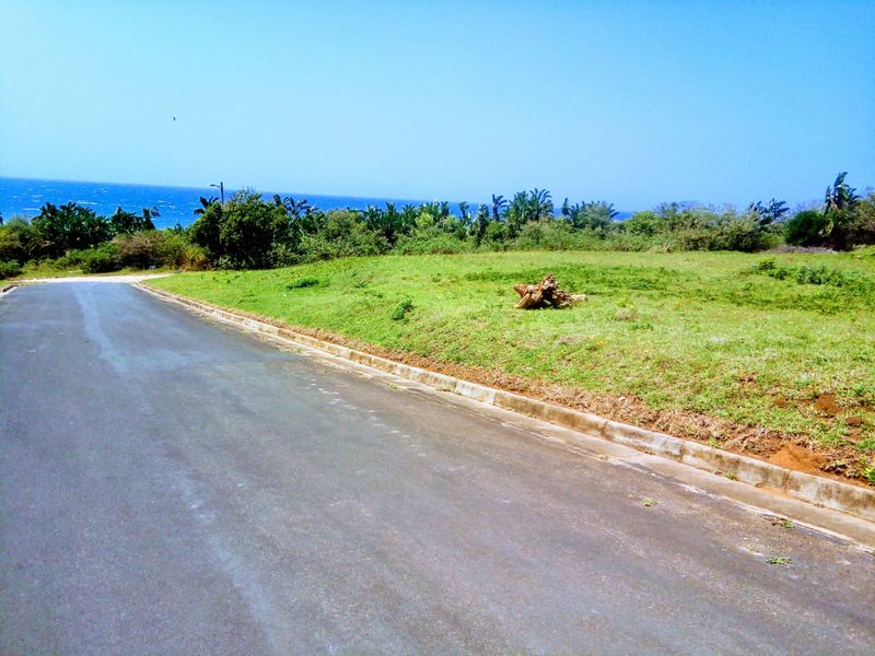 A vacant residential plot featuring a gentle slope, established grass, and scenic ocean views, situated along a paved access road.