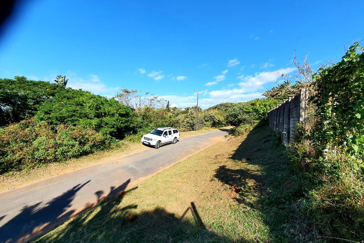 A view of the street frontage showing the asphalt road, adjacent grass verge, and a concrete block boundary wall.