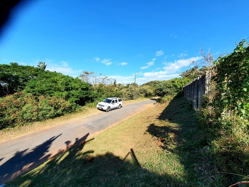A view of the street frontage showing the asphalt road, adjacent grass verge, and a concrete block boundary wall.