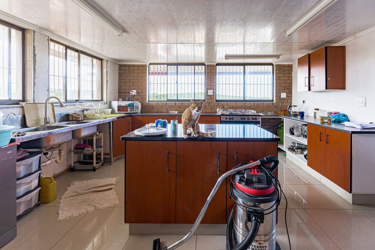 Spacious kitchen featuring a central island, wooden cabinetry, tiled flooring, and large windows with security bars, offering a functional industrial-style workspace.