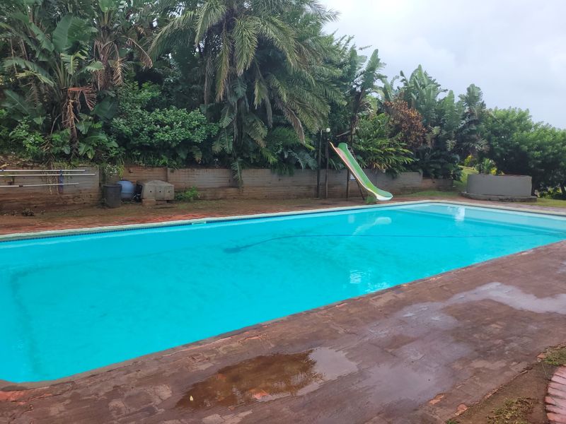 Outdoor swimming pool area featuring a built-in slide, brick paved surround, and a retaining wall set against a lush garden backdrop.