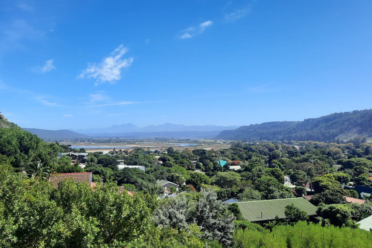 A scenic elevated view overlooking a lush green valley, residential neighborhood, and distant mountain range under a clear blue sky.
