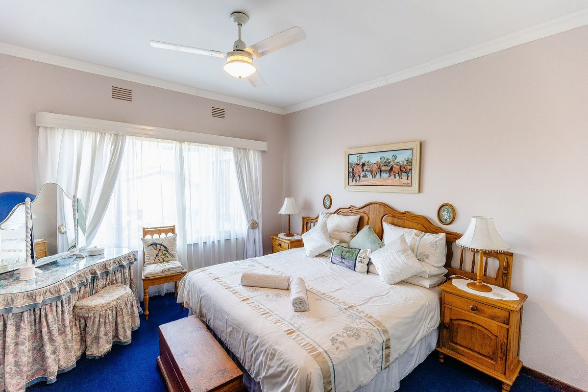A well-maintained bedroom featuring a ceiling fan, coving, and large windows that provide ample natural light.