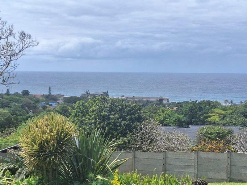 An elevated outdoor view overlooking lush coastal greenery and the ocean horizon, framed by a precast concrete boundary wall.