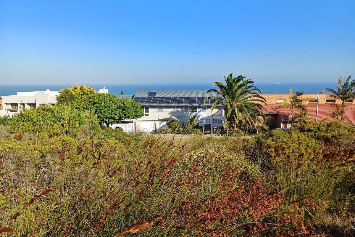 An elevated view of a residential property featuring solar panels on the roof, surrounded by coastal vegetation with an ocean backdrop.