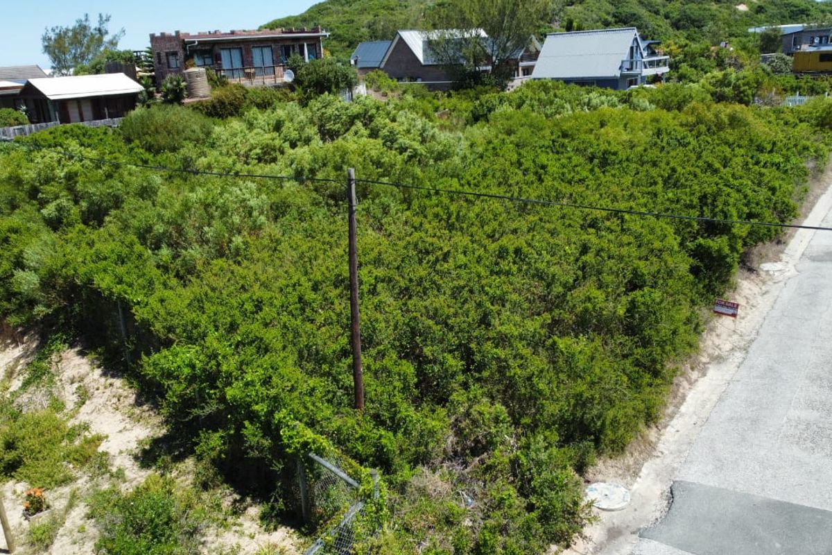 An elevated view of a vacant residential plot covered in dense indigenous vegetation, situated in a coastal neighborhood with established surrounding homes.