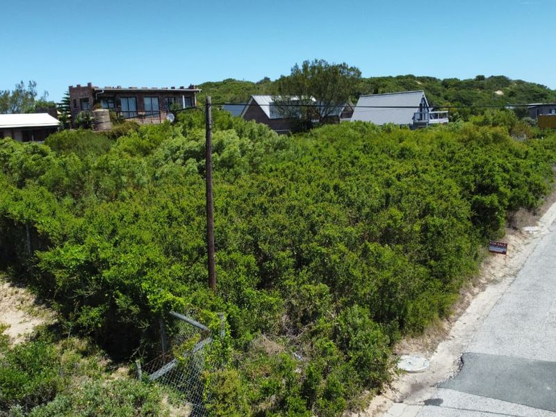 An elevated view of a vacant residential plot covered in dense indigenous vegetation, situated along a paved street in a coastal neighborhood.