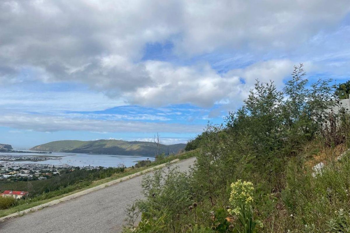A scenic view overlooking a coastal landscape and estuary from an elevated position along a paved road.
