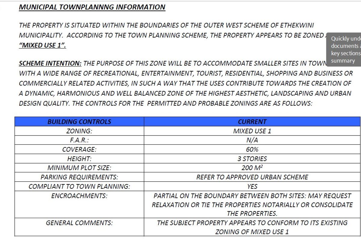 A document excerpt detailing municipal town planning information, zoning regulations, and building controls for the commercial property.