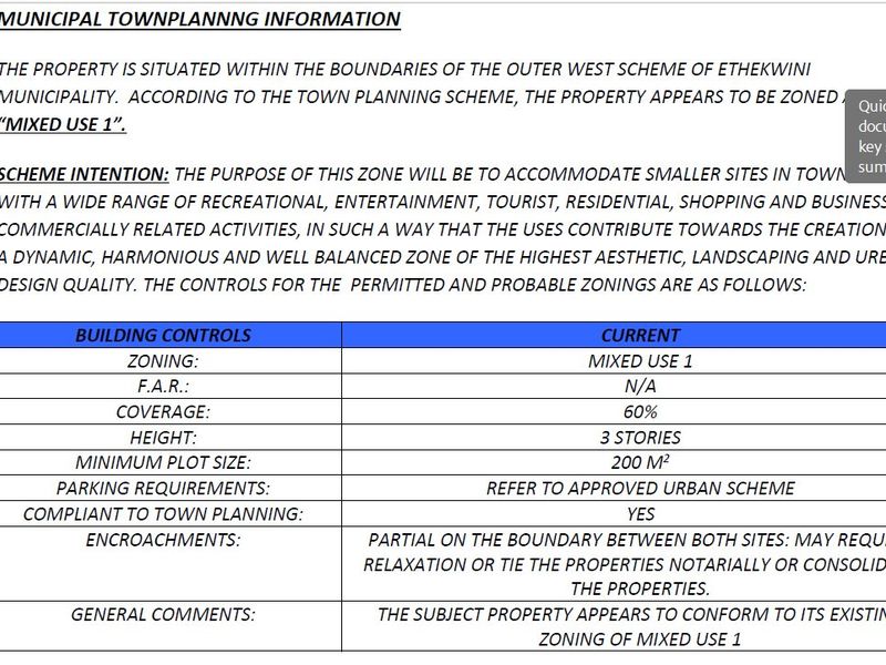 A document excerpt detailing municipal town planning information, zoning regulations, and building controls for the commercial property.