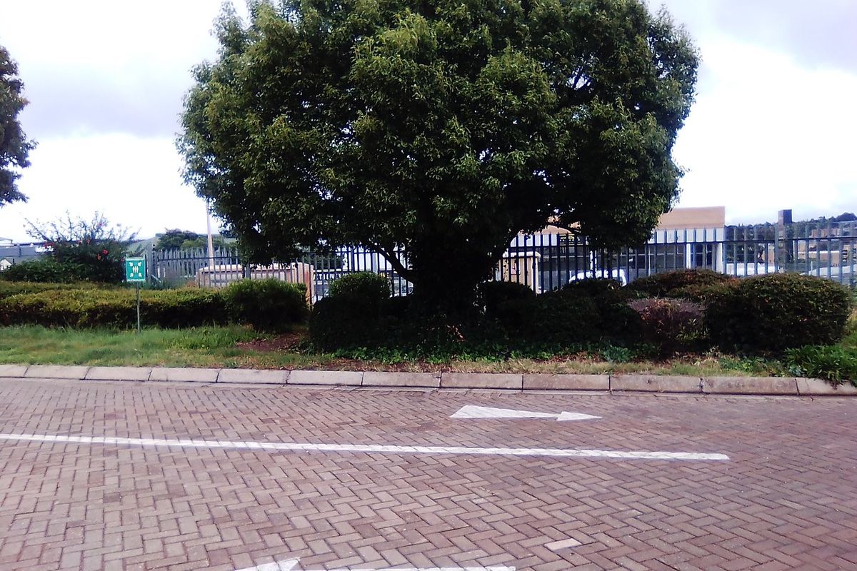 A view of the commercial property entrance featuring a paved driveway, mature landscaping, and secure perimeter fencing.