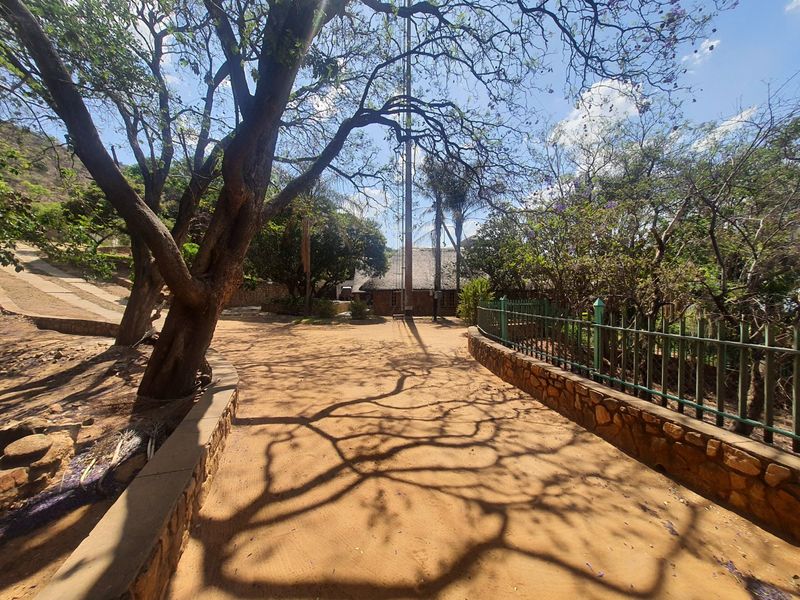 A view of the property entrance featuring a dirt driveway, stone retaining walls, and mature trees leading toward a thatched roof building.