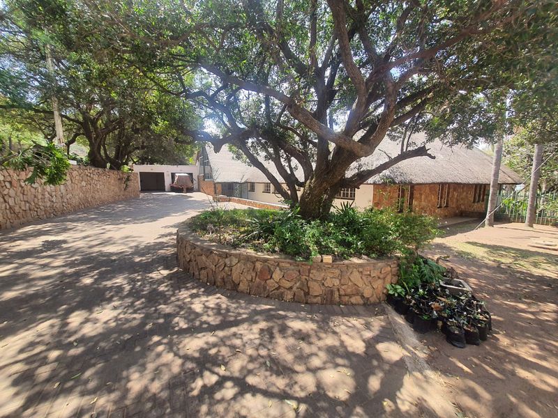 Front exterior view of a farm property featuring a paved driveway, mature trees, stone retaining wall, and a building with a traditional thatched roof.