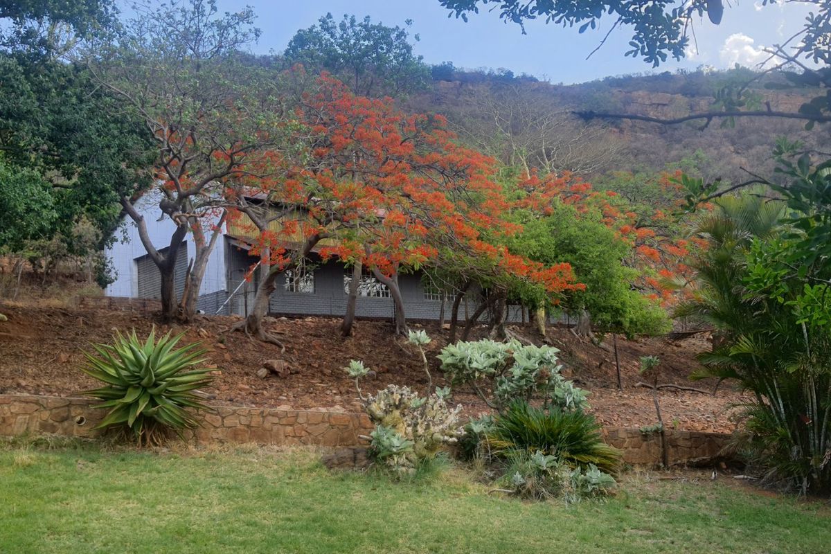 A view of the rear farm building facade featuring a stone retaining wall, mature trees, and a metal roof structure.