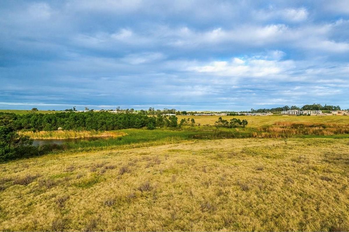 An aerial view of a vacant residential plot featuring natural grassland and a small wetland area under a cloudy sky.