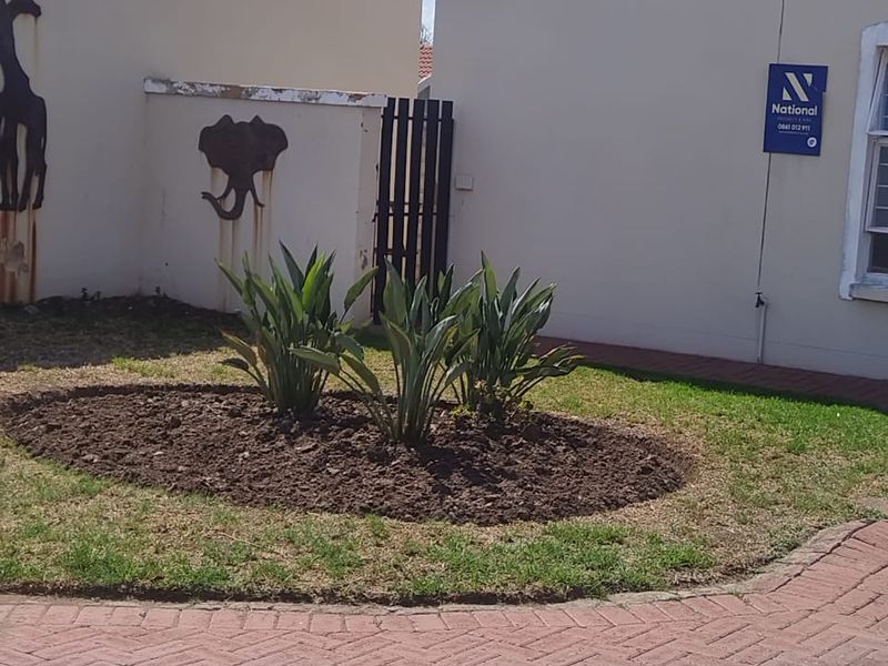 A view of the front exterior area featuring a paved driveway, a landscaped garden bed, and a boundary wall with decorative metal animal silhouettes.