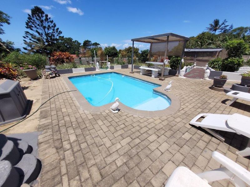 Outdoor pool area featuring a paved deck, a pergola for shade, and surrounding garden landscaping.
