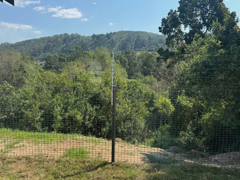 A scenic view of a lush, forested hillside captured from the property boundary, featuring secure wire mesh and electric fencing.