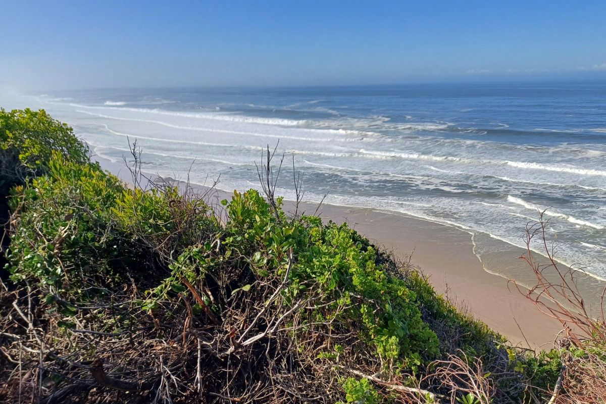 A scenic elevated view overlooking the coastline, sandy beach, and ocean waves from the vacant residential property.