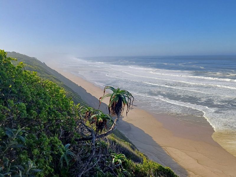 A scenic elevated view overlooking the pristine coastline, sandy beach, and ocean waves from the property.