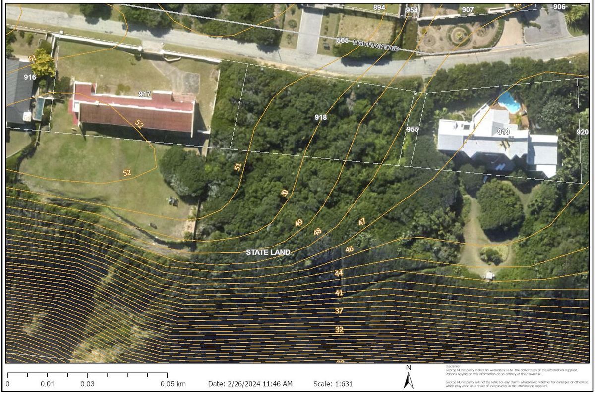 An aerial view of the residential plot showing topographical contour lines, property boundaries, and surrounding vegetation.
