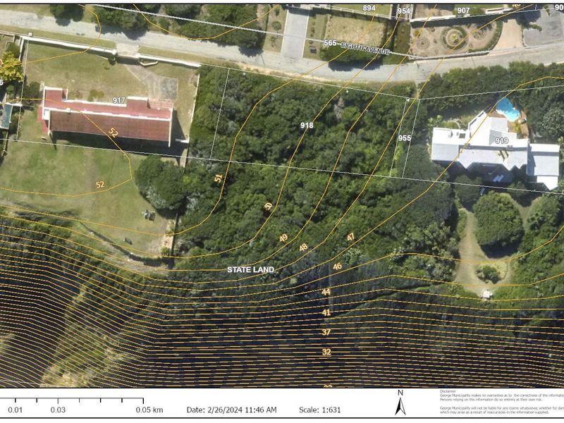 An aerial view of the residential plot showing topographical contour lines, property boundaries, and surrounding vegetation.
