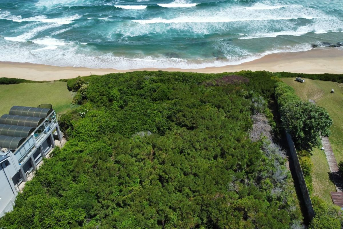 Aerial view of a vacant residential plot featuring direct ocean frontage and established coastal vegetation.