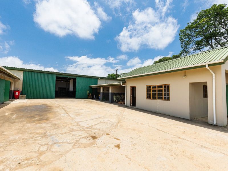 A spacious farm yard featuring large metal storage sheds, concrete paving, and functional outbuildings with corrugated roofing.