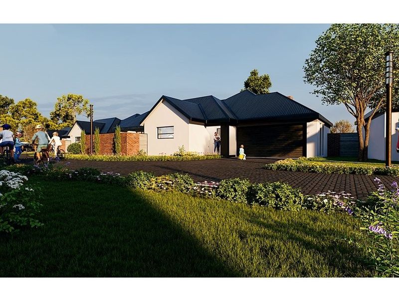 A modern residential exterior featuring a dark corrugated metal roof, paved driveway, and brick boundary wall, presented as a high-quality architectural rendering.